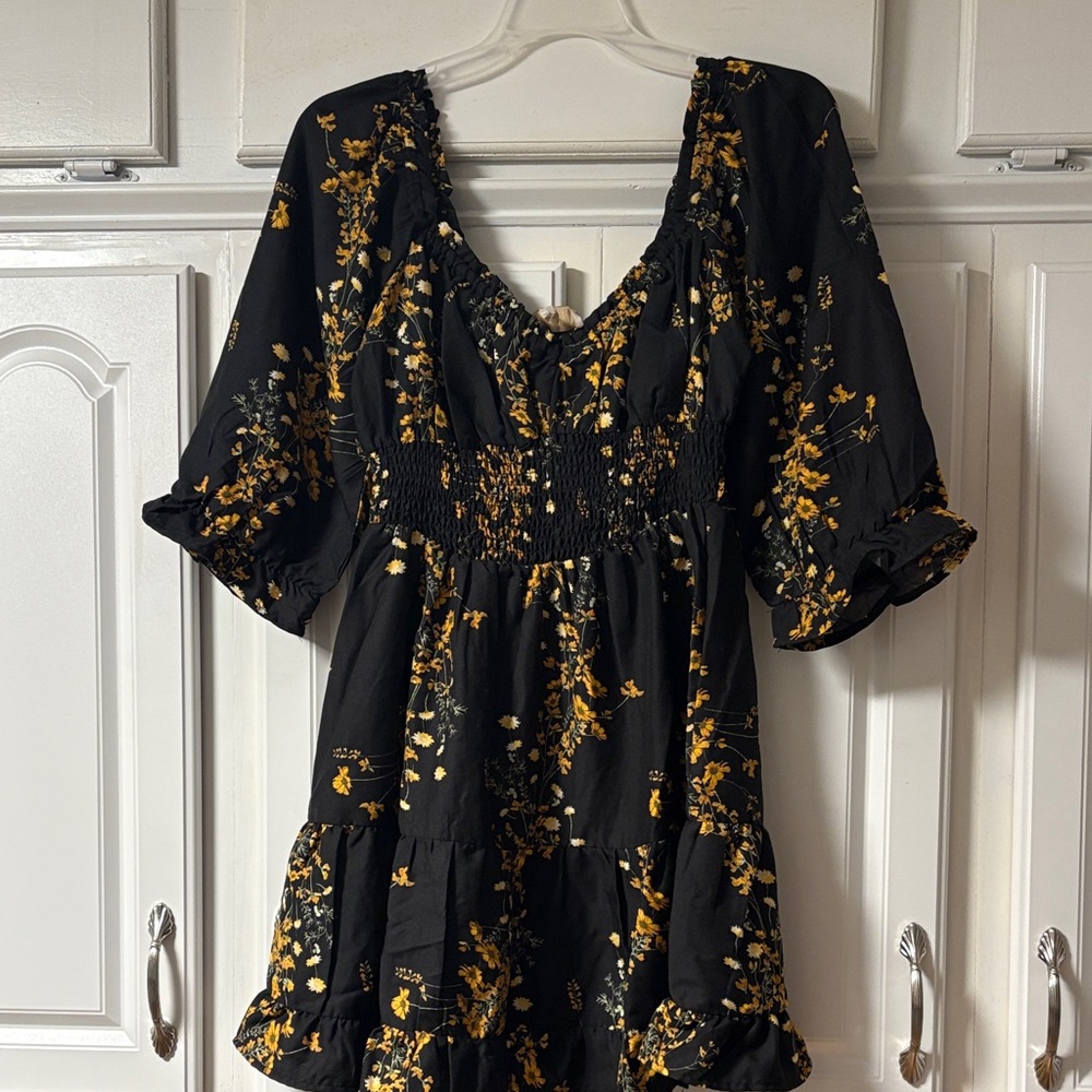 Indulge Black and Gold Floral Mini Dress